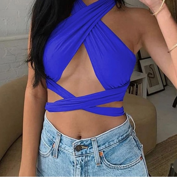unknown Dresses & Skirts - Halter Cami Bandana Cross Cross Wrap Tank Top in Royal Blue Size Small NWOT